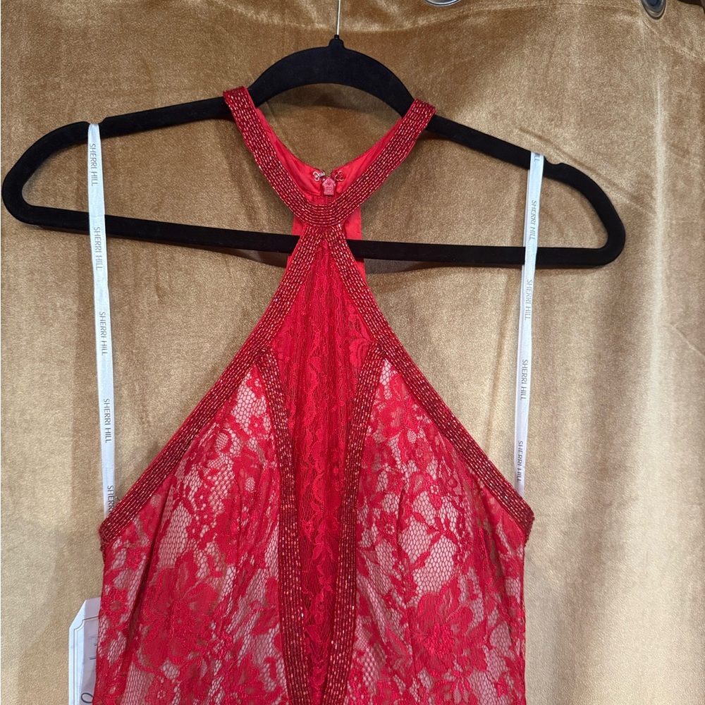 Sherri Hill Red Sleeveless Halter Gown - Picture 3 of 4
